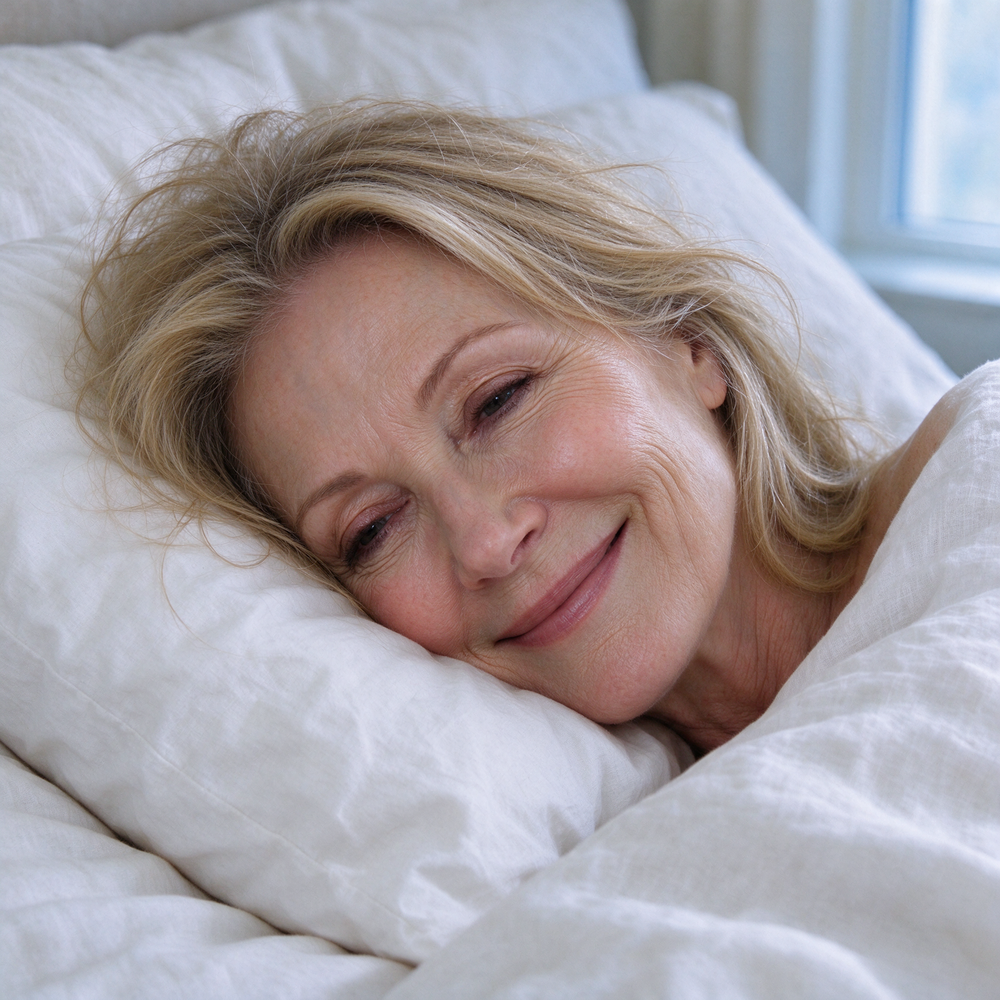Woman in her 50s with frizzy hair after sleeping on cotton (AI illustration)