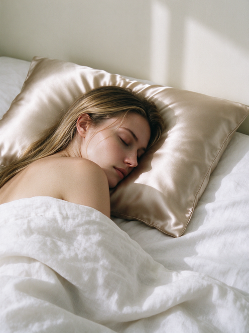 Sleeping on a champagne Looth mulberry silk pillowcase