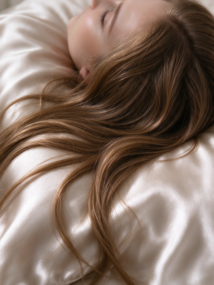 Smooth hair resting on a champagne Looth silk pillowcase