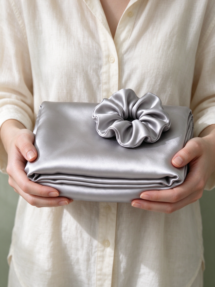Folded Looth silk pillowcase with matching silk scrunchie