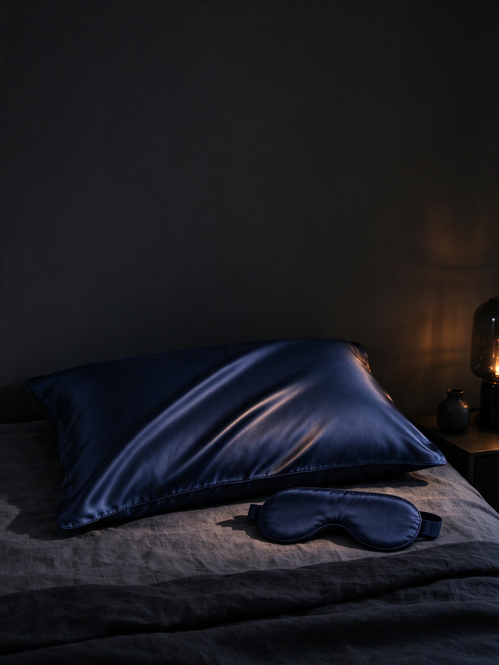 Looth silk pillowcase in Navy Blue with silk eye mask